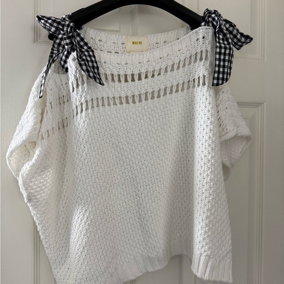 Anthropologie White Knit Top with Black Gingham Bows - Picture 2 of 2